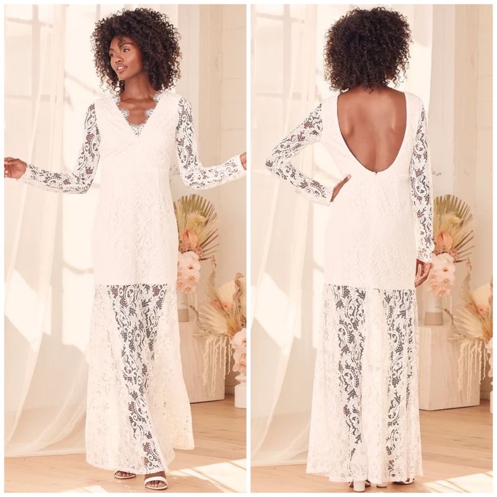 NWT Lulus Way to Be Loved White Lace Long Sleeve Maxi Dress Size XS